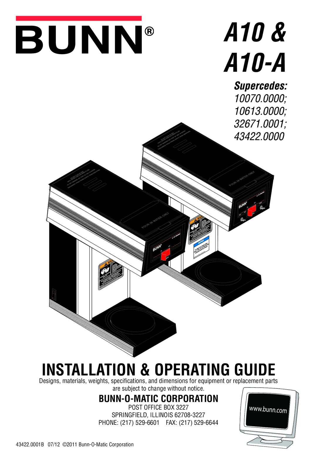 Bunn specifications A10 A10-A 