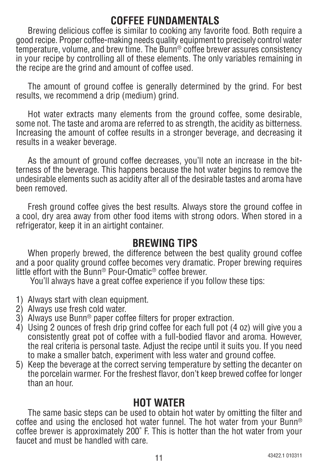 Bunn A10 specifications Coffee Fundamentals, Brewing Tips, HOT Water 