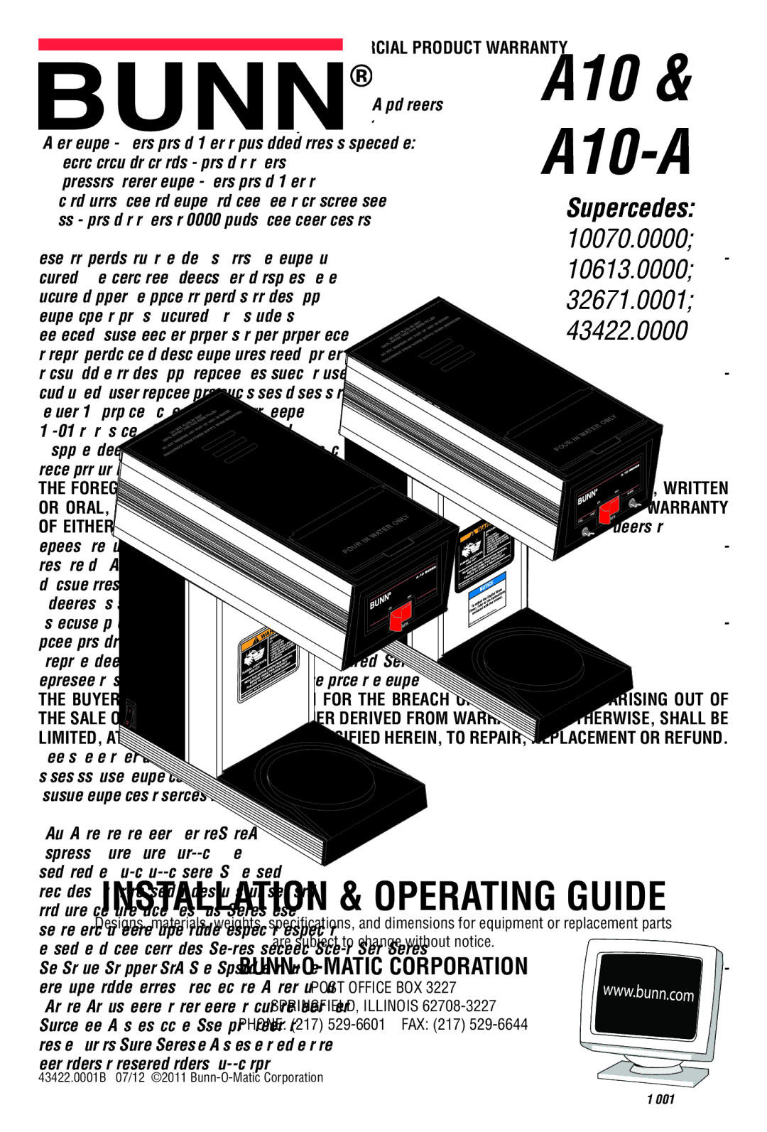 Bunn A10 specifications BUNN-O-MATIC Commercial Product Warranty 