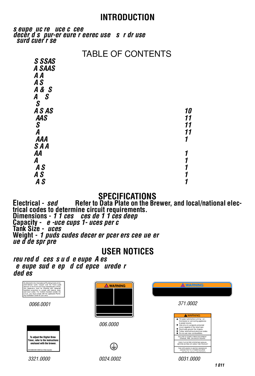 Bunn A10 specifications Introduction, Table of Contents, Specifications, User Notices 