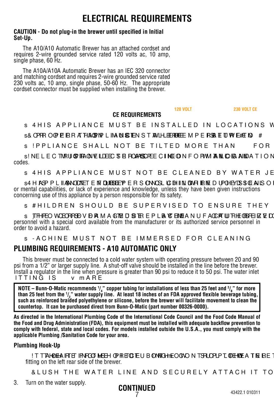 Bunn A10 specifications Electrical Requirements, Set-Up 