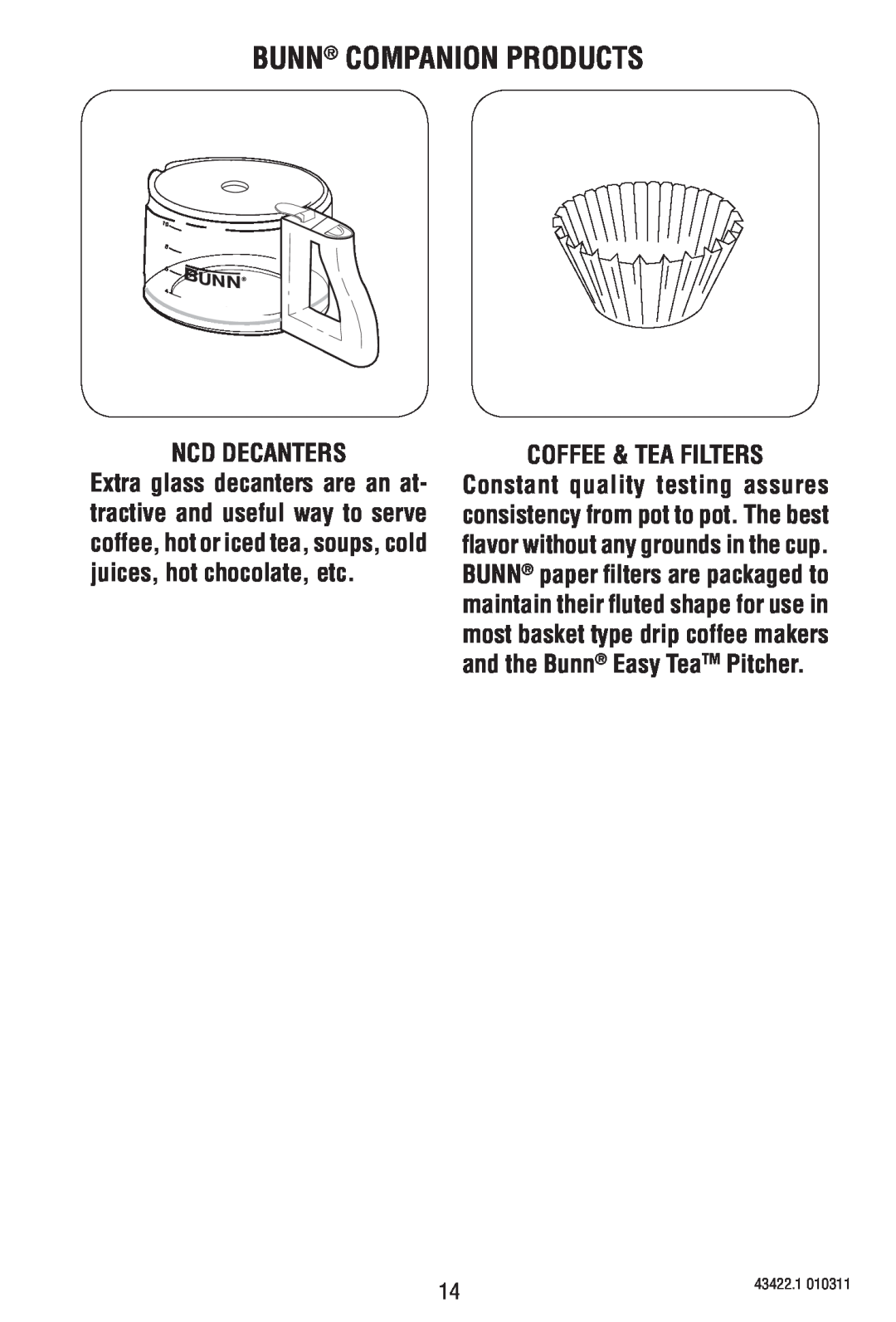 Bunn A10 specifications Bunn Companion Products, Ncd Decanters, Coffee & Tea Filters, Auxiliary Warmers 