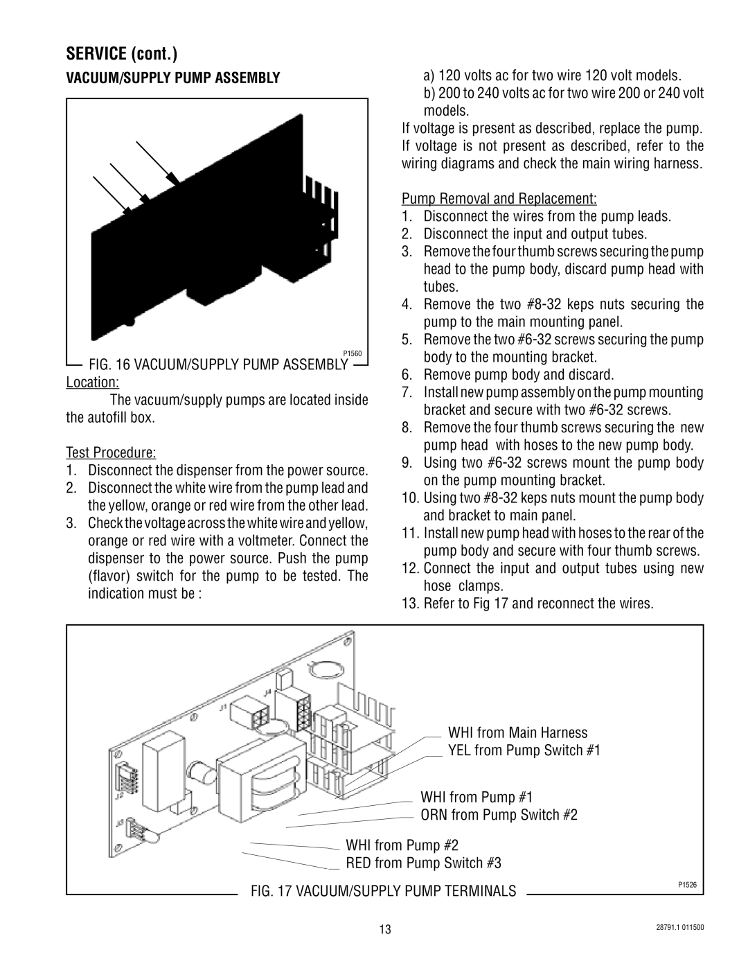 Bunn AF PR-3 service manual VACUUM/SUPPLY Pump Assembly 