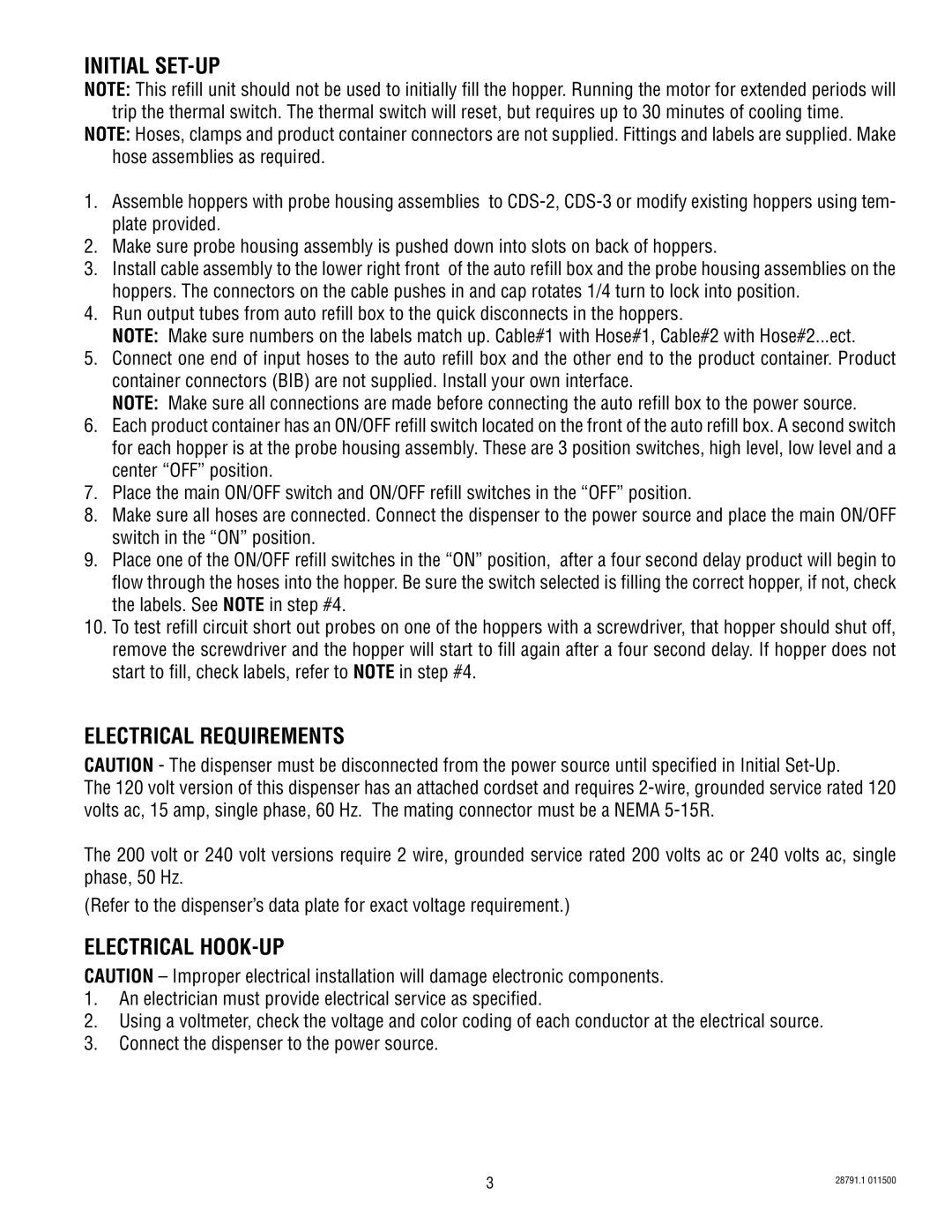 Bunn AF PR-3 service manual Initial SET-UP, Electrical Requirements, Electrical Hook-Up 