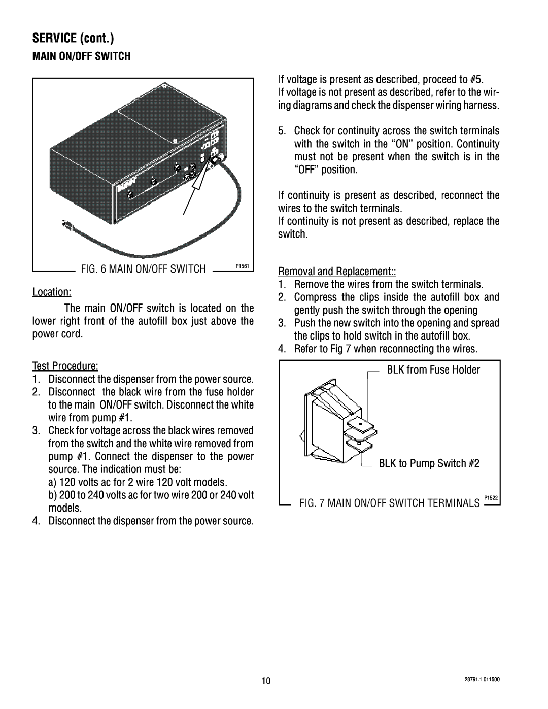 Bunn AF PR-3 service manual SERVICE cont, Main On/Off Switch 