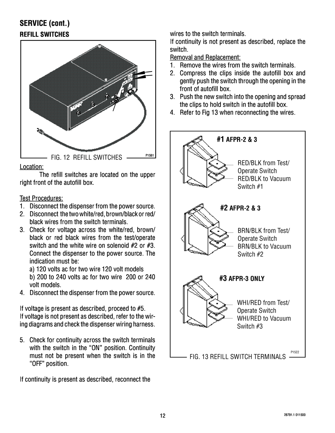 Bunn AF PR-3 service manual Refill Switches, #1 AFPR-2, #2 AFPR-2, #3 AFPR-3ONLY, SERVICE cont 