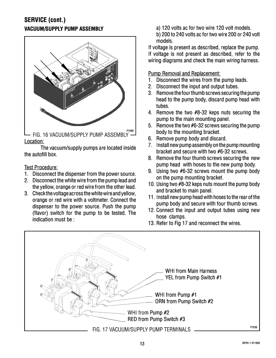 Bunn AF PR-3 service manual Vacuum/Supply Pump Assembly, SERVICE cont 