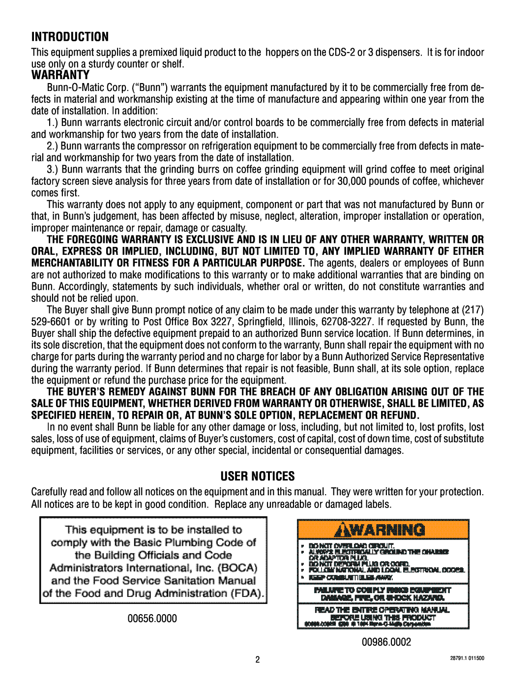 Bunn AF PR-3 service manual Introduction, Warranty, User Notices 