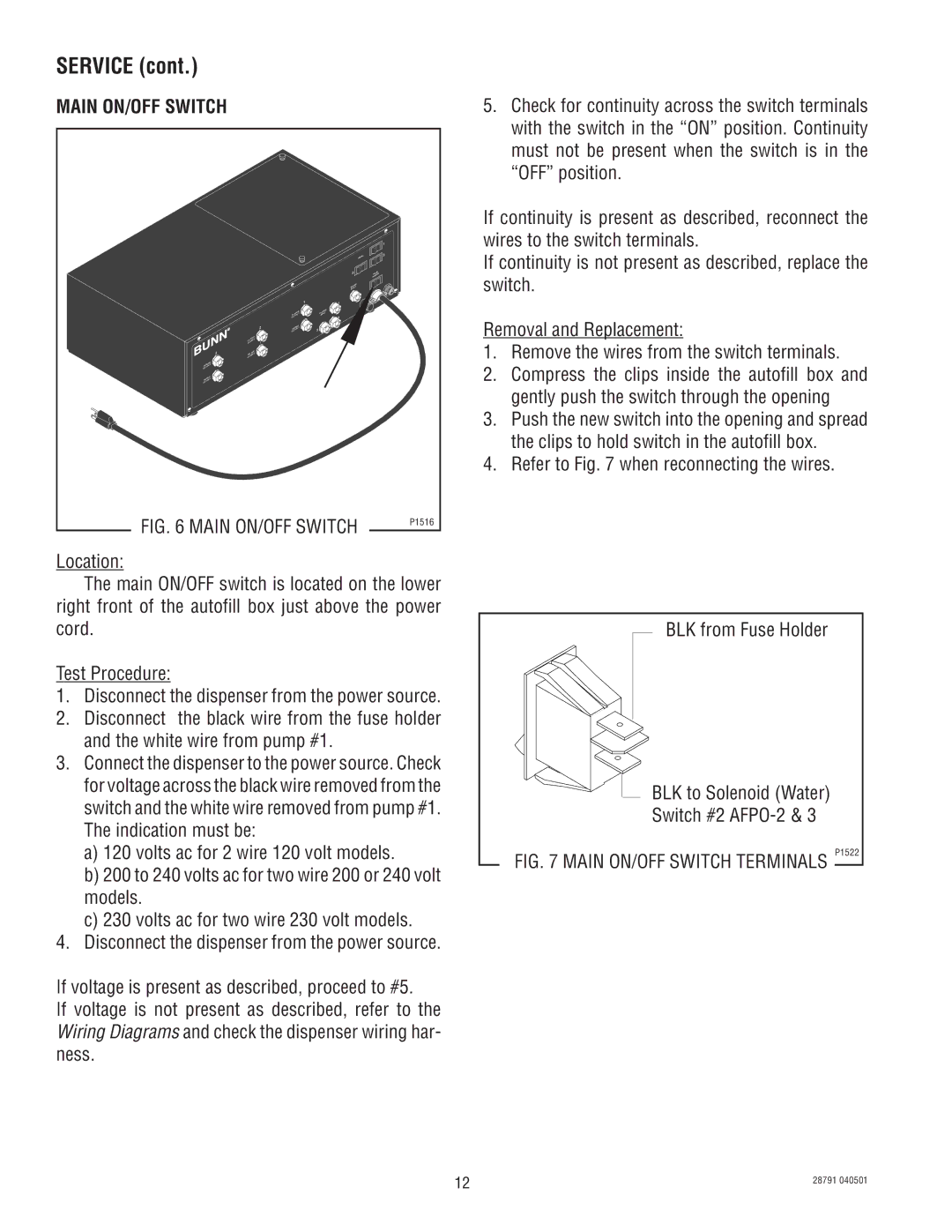 Bunn AFPO-3, AFPO-2 SL service manual Service, Main ON/OFF Switch 