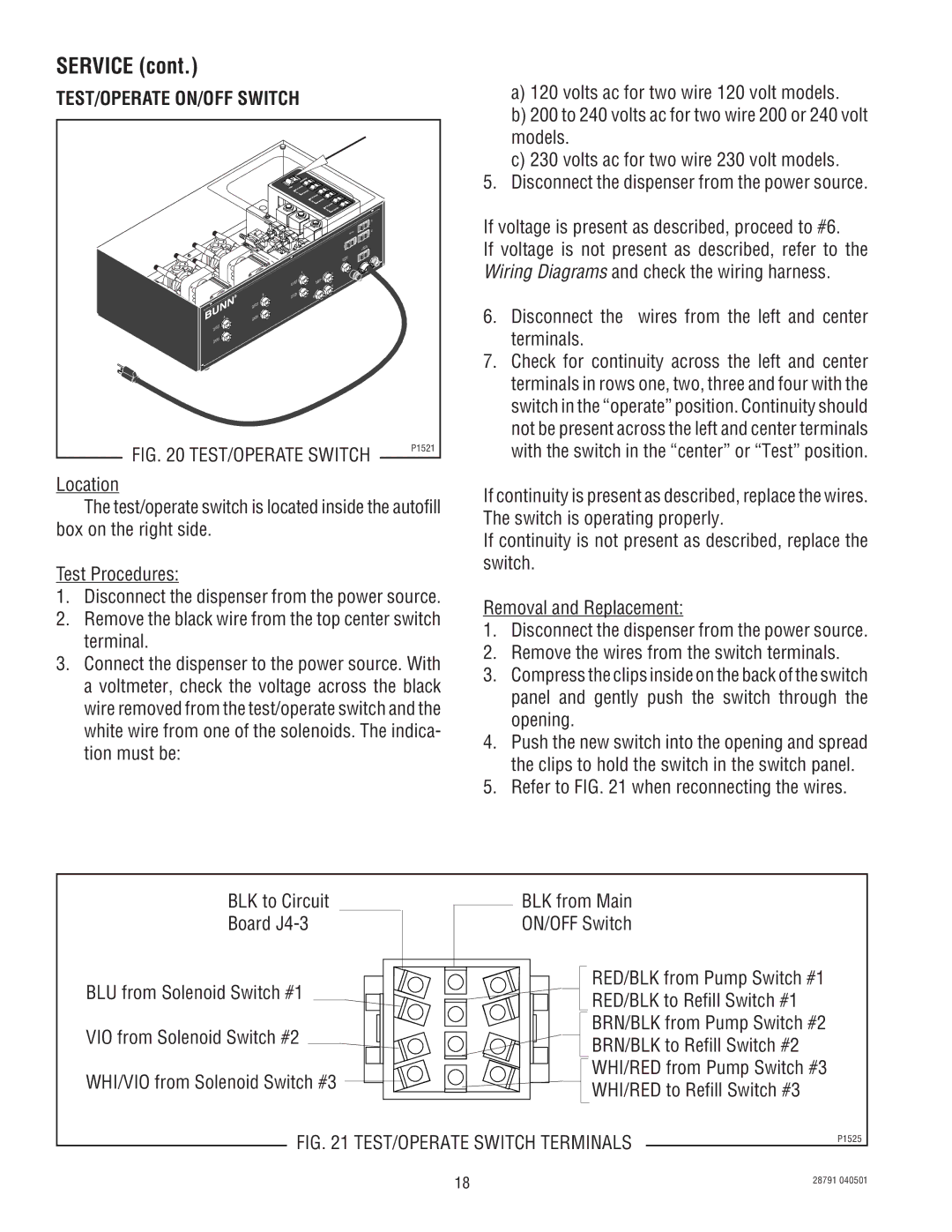 Bunn AFPO-3, AFPO-2 SL service manual TEST/OPERATE Switch Terminals 