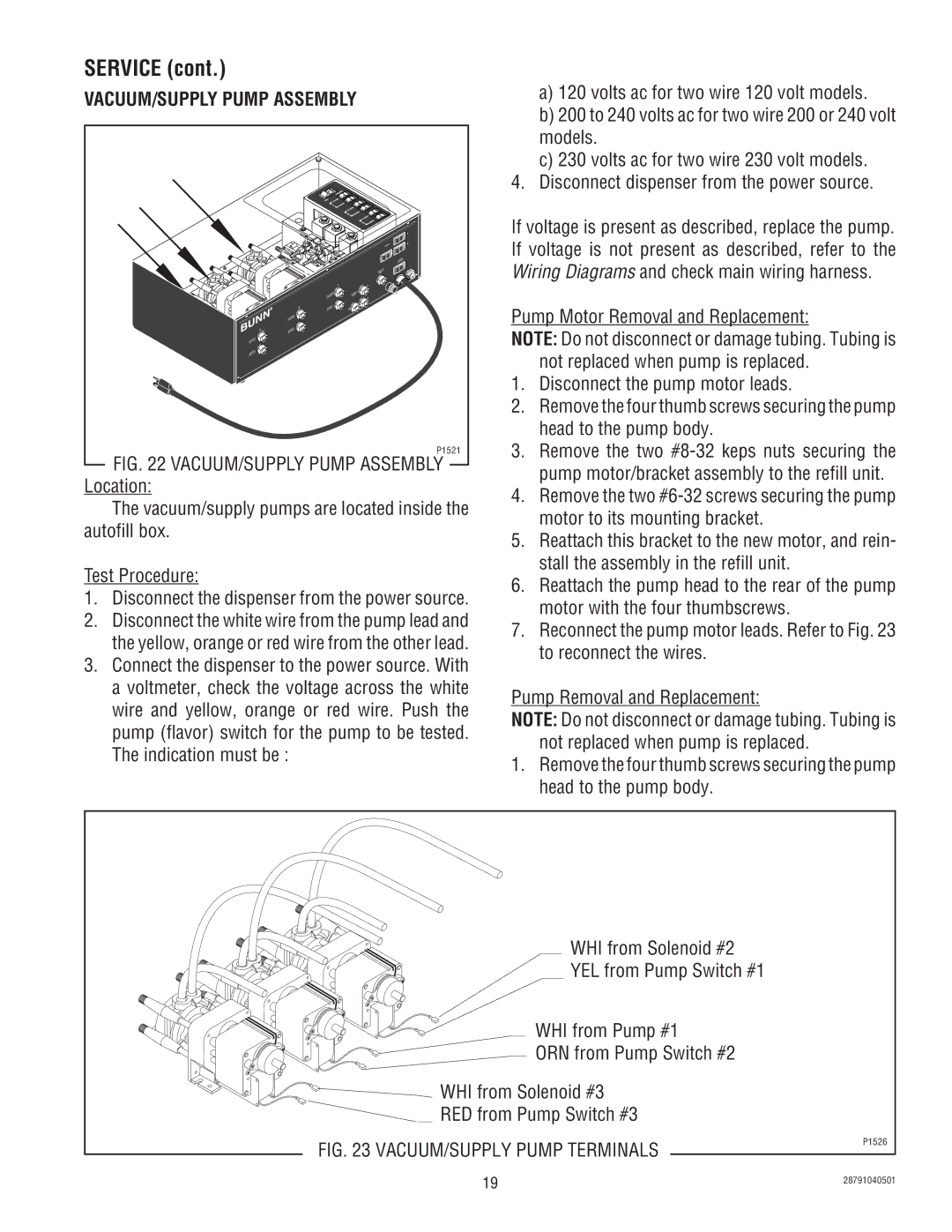 Bunn AFPO-2 SL, AFPO-3 service manual VACUUM/SUPPLY Pump Assembly, Pump Motor Removal and Replacement 