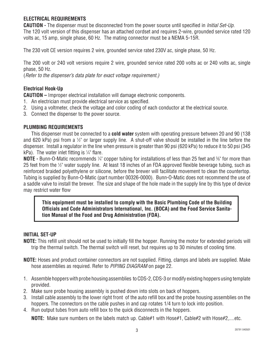 Bunn AFPO-3, AFPO-2 SL service manual Electrical Requirements, Electrical Hook-Up, Plumbing Requirements, Initial SET-UP 