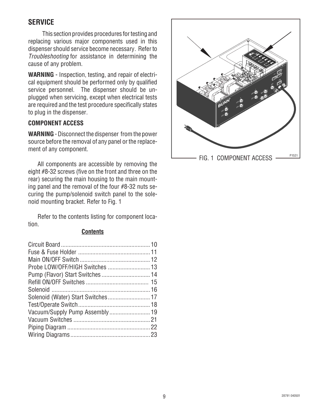 Bunn AFPO-3, AFPO-2 SL service manual Component Access, Contents 