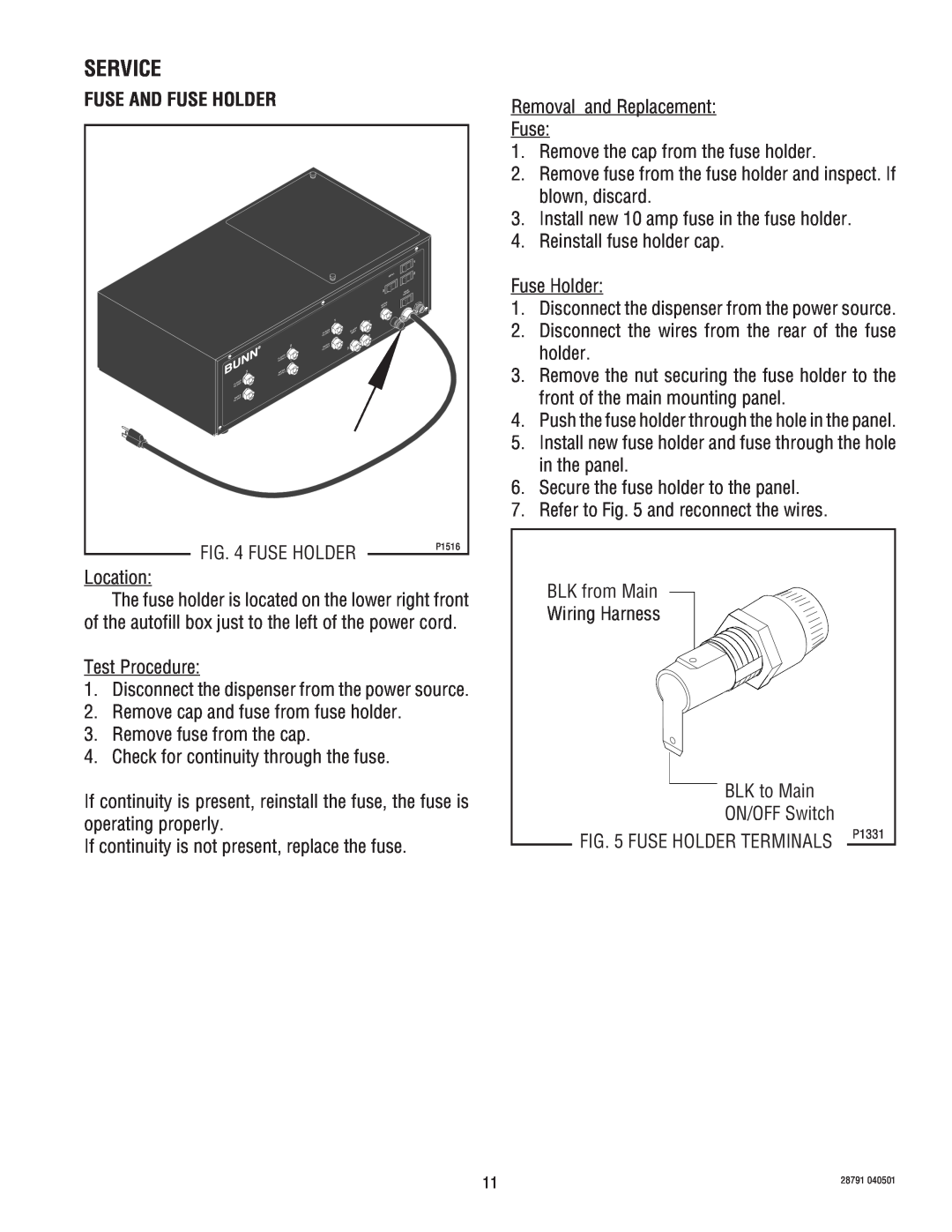 Bunn AFPO-3, AFPO-2 SL service manual Fuse And Fuse Holder, Service, Fuse Holder Terminals 