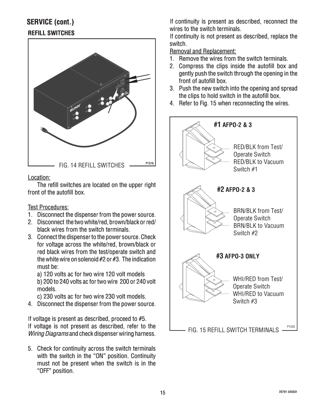 Bunn AFPO-2 SL service manual Refill Switches, SERVICE cont, #1 AFPO-2, #2 AFPO-2, #3 AFPO-3 ONLY 