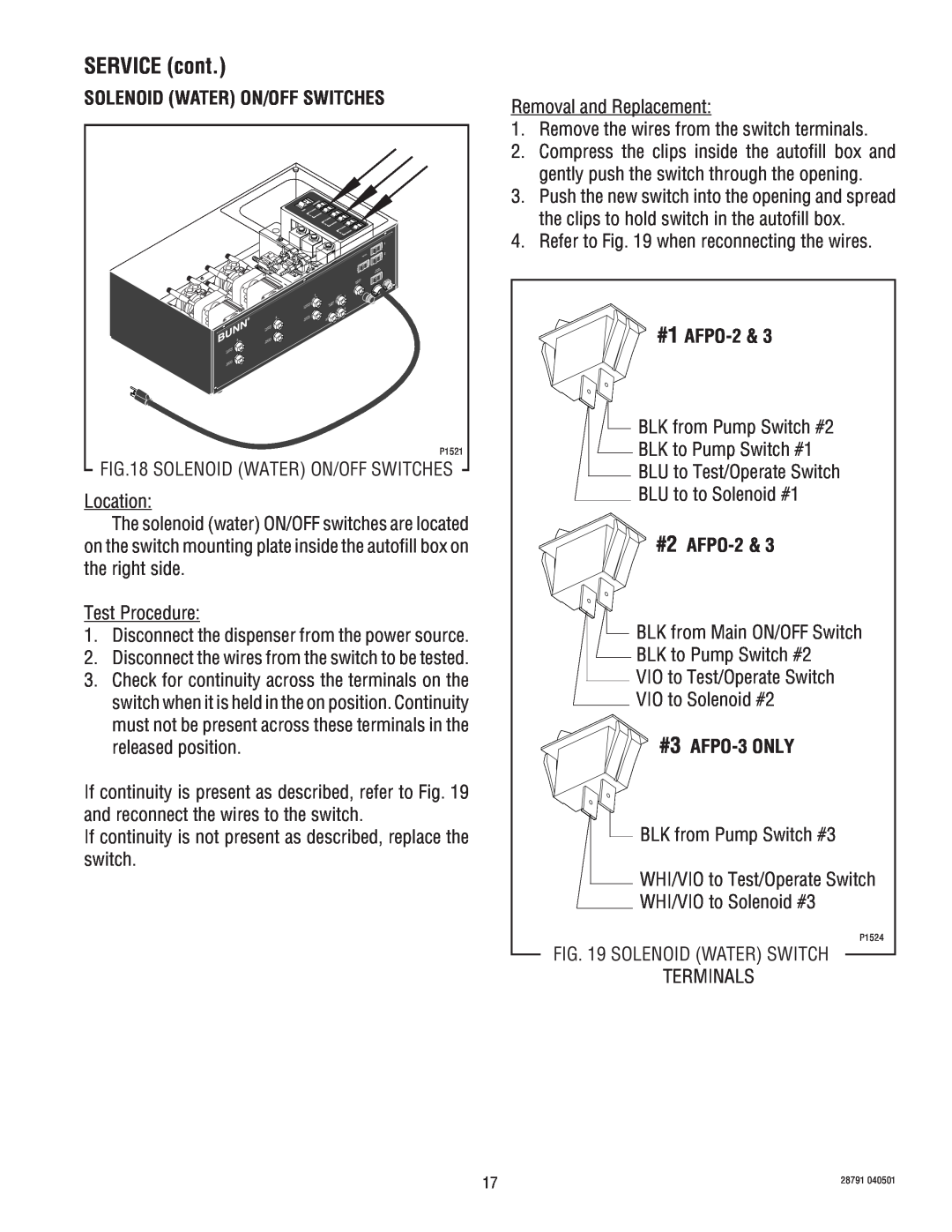 Bunn AFPO-2 SL service manual Solenoid Water On/Off Switches, SERVICE cont, #1 AFPO-2, #2 AFPO-2, #3 AFPO-3 ONLY 