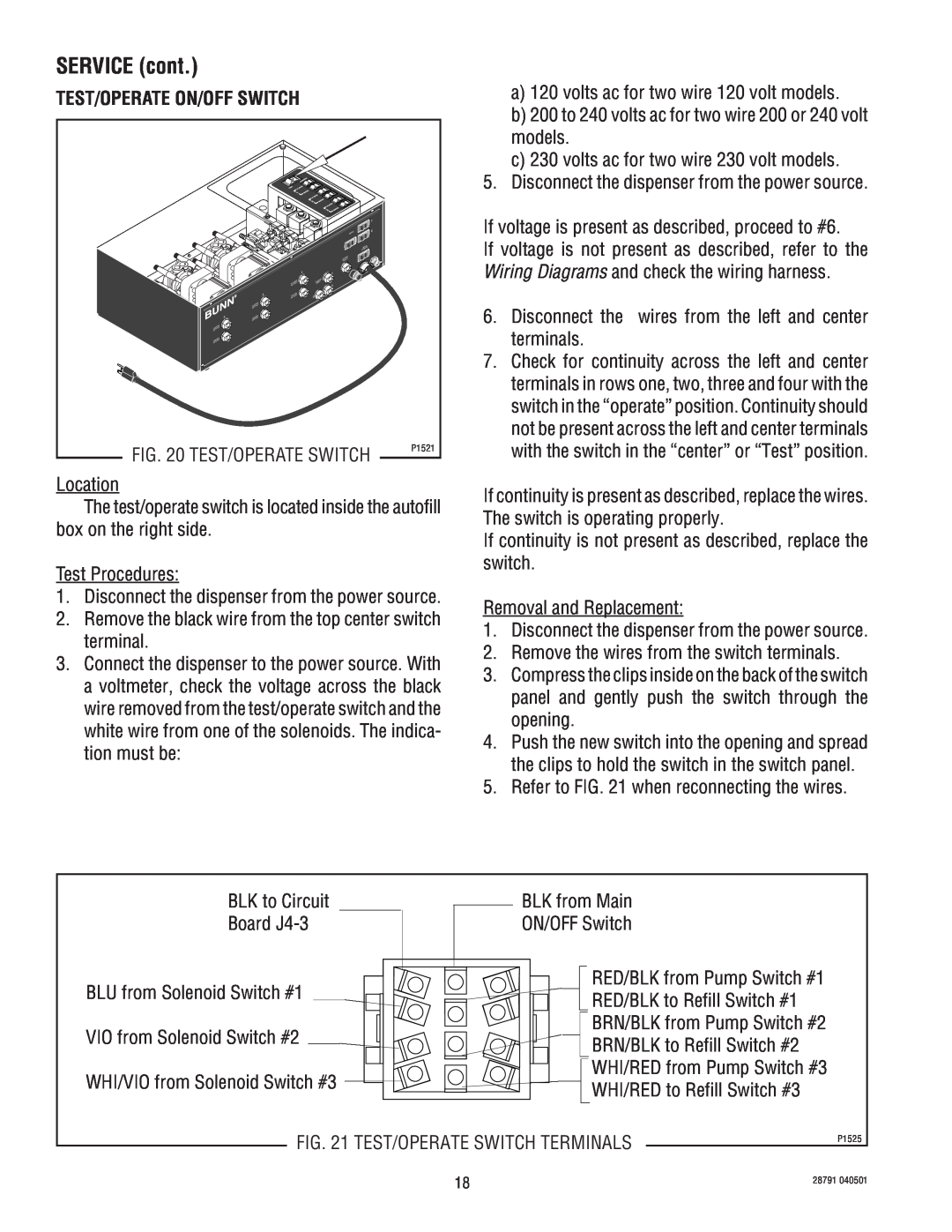 Bunn AFPO-3, AFPO-2 SL service manual SERVICE cont, Test/Operate Switch Terminals, Test/Operate On/Off Switch 