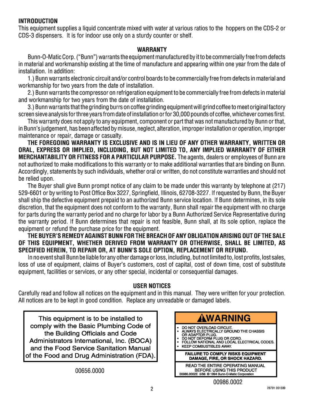 Bunn AFPO-3, AFPO-2 SL service manual Introduction, Warranty, User Notices 