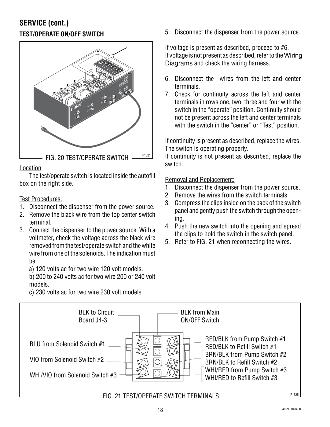 Bunn AFPO-2 SL, AFPO-3 SL manual TEST/OPERATE Switch 