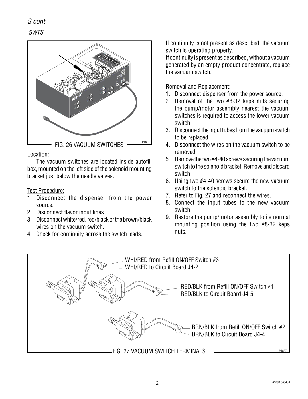 Bunn AFPO-2 SL, AFPO-3 SL manual Vacuum Switches 