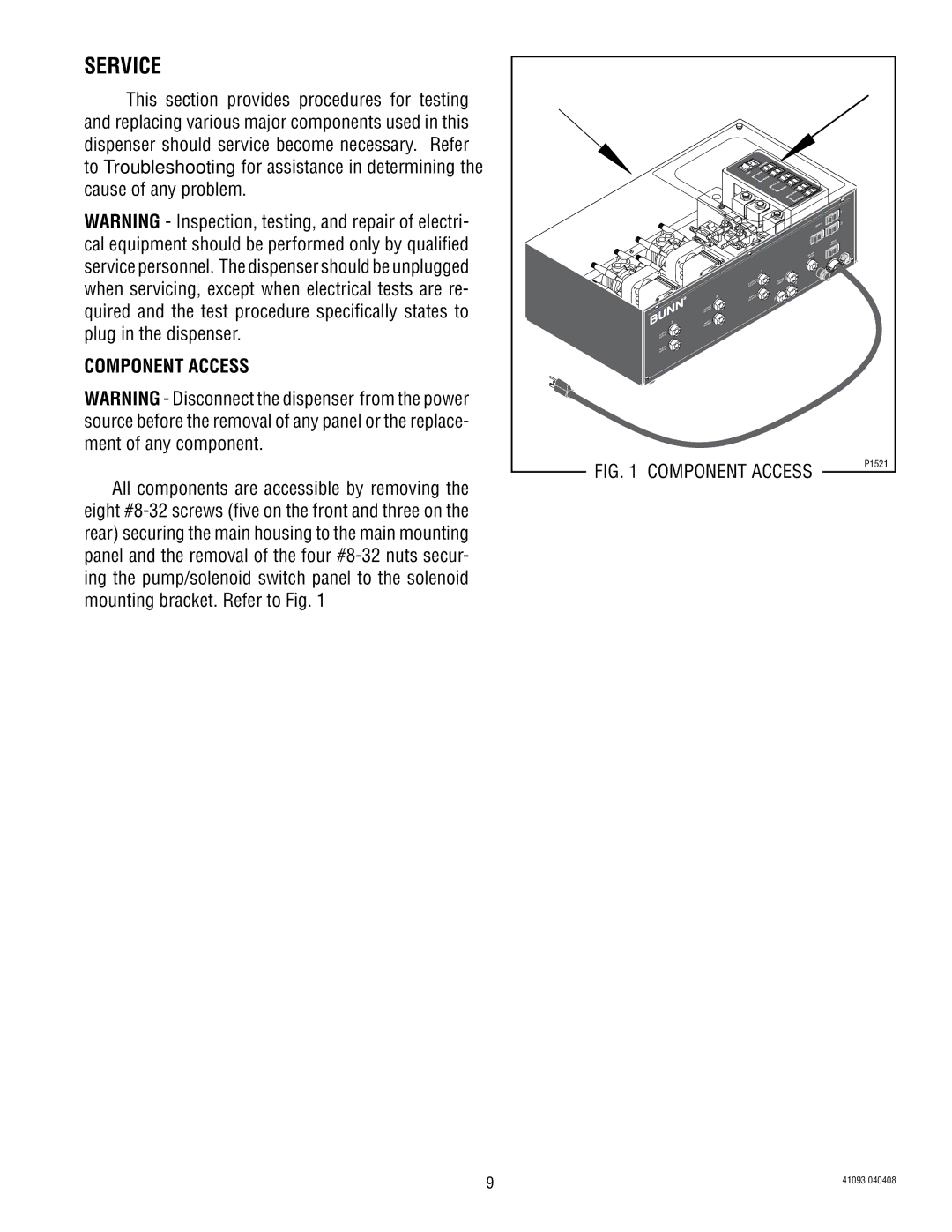 Bunn AFPO-2 SL, AFPO-3 SL manual Service, Component Access 