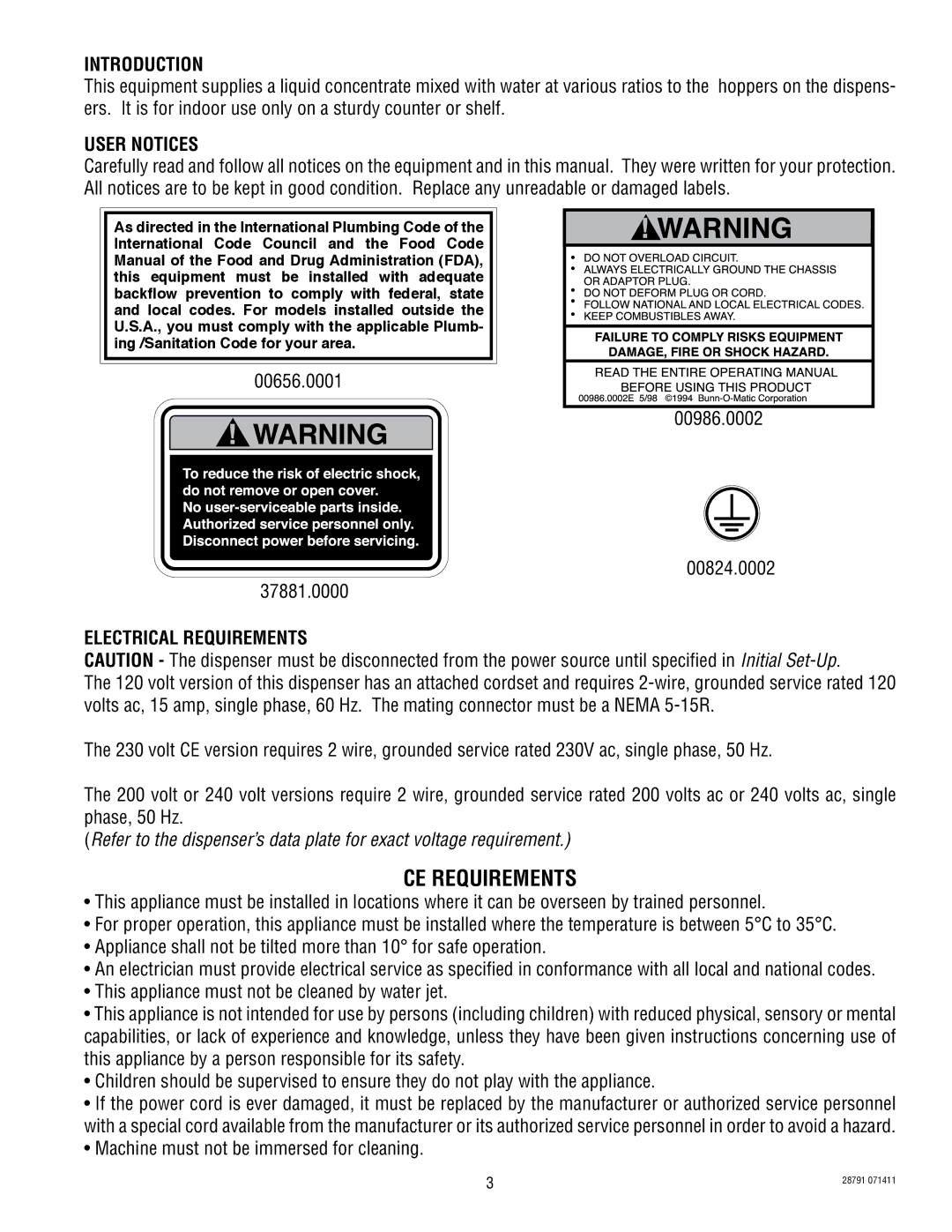 Bunn AFPO-2 SL, AFPO-3 SL service manual CE Requirements, Introduction, User Notices, Electrical Requirements 