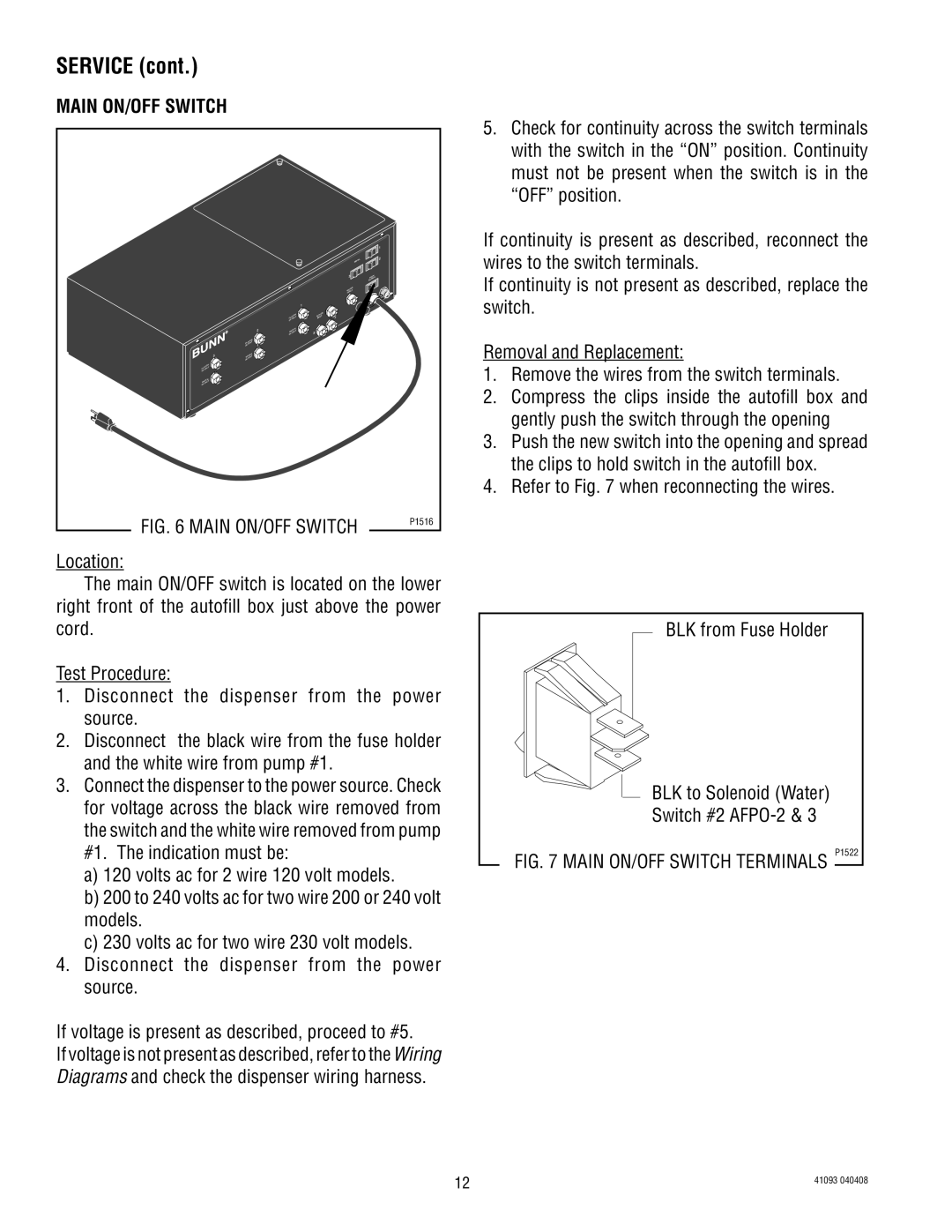 Bunn AFPO-3 SL manual Service, Main ON/OFF Switch 