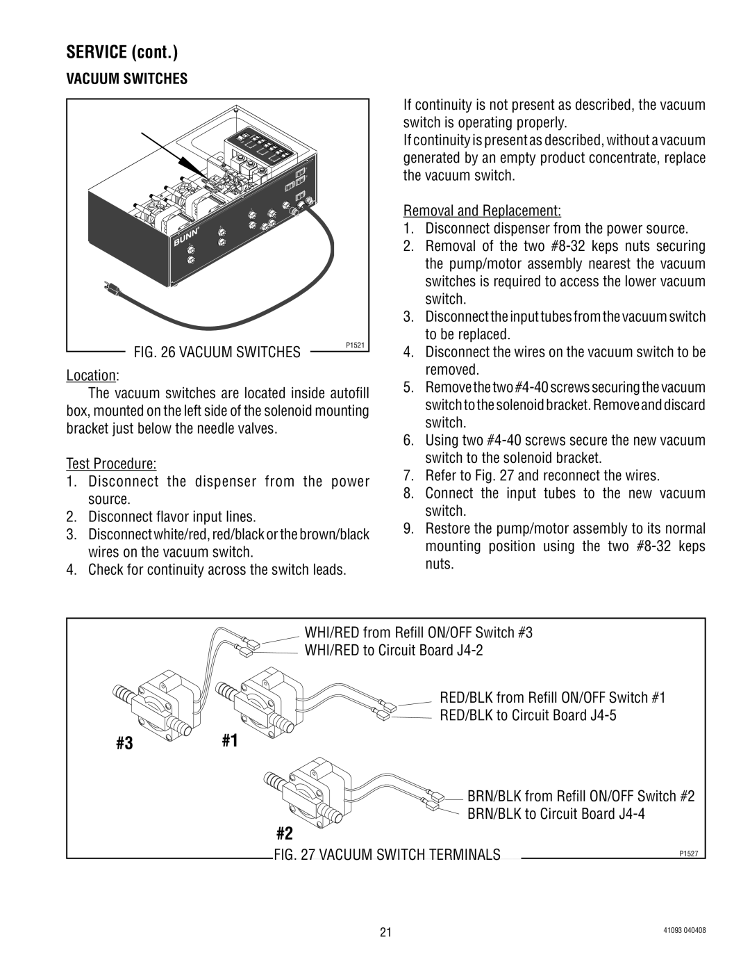 Bunn AFPO-3 SL manual Vacuum Switches 