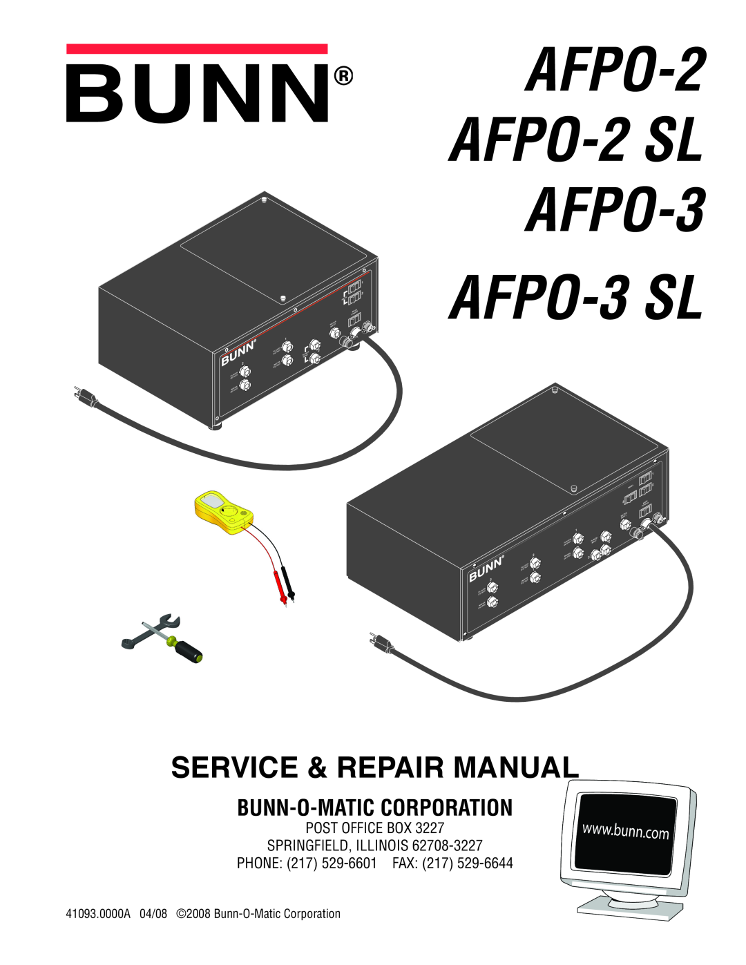 Bunn AFPO-3 SL manual Bunn-O-Matic Corporation, AFPO-2 AFPO-2 SL AFPO-3, Service & Repair Manual 
