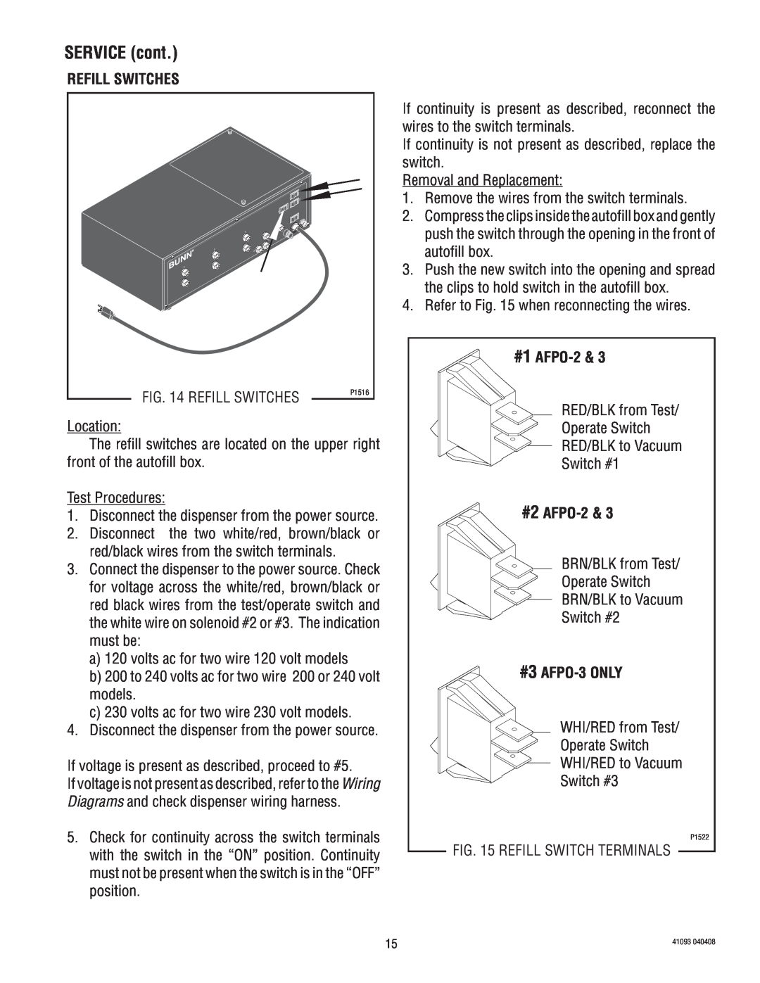 Bunn AFPO-3 SL manual Refill Switches, SERVICE cont, #1 AFPO-2, #2 AFPO-2, #3 AFPO-3 ONLY 
