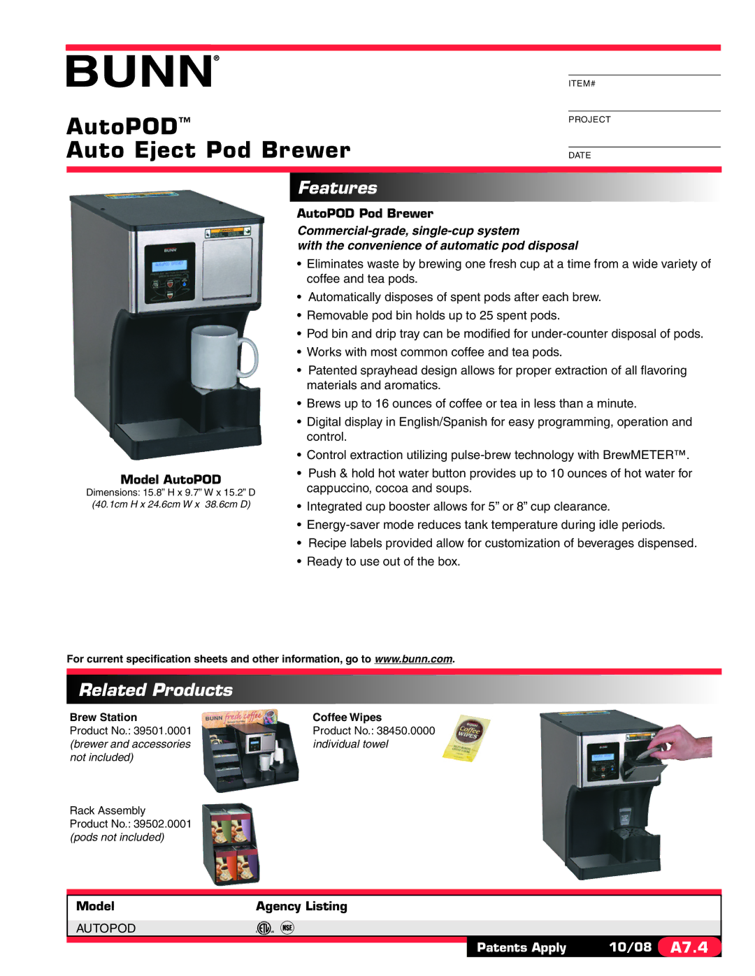 Bunn specifications AutoPOD Auto Eject Pod Brewer, Features, Related Products, Brew Station Coffee Wipes 