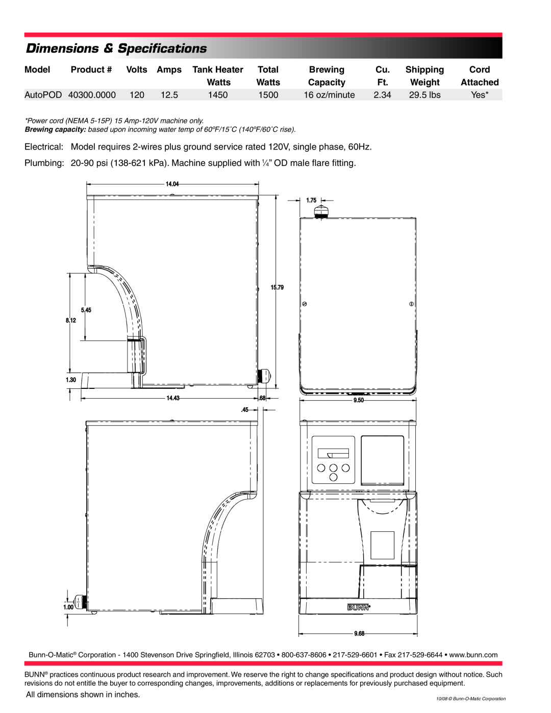 Bunn AutoPOD specifications Dimensions & Specifications 
