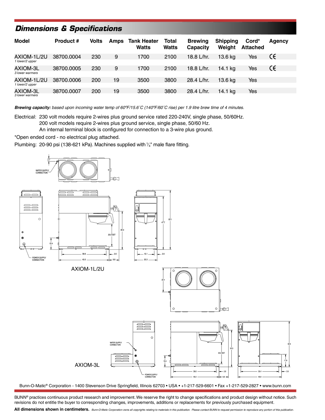 Bunn AXIOM-3L, AXIOM-1L/2U specifications Dimensions & Speciﬁcations 