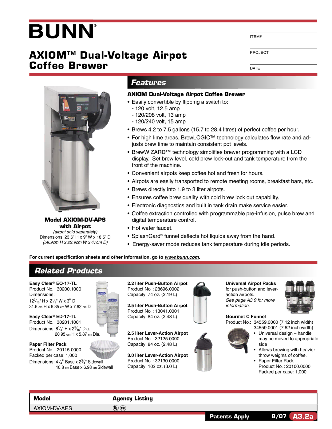 Bunn AXIOM-DV-APS specifications Axiom Dual-Voltage Airpot Coffee Brewer, Features, Related Products 