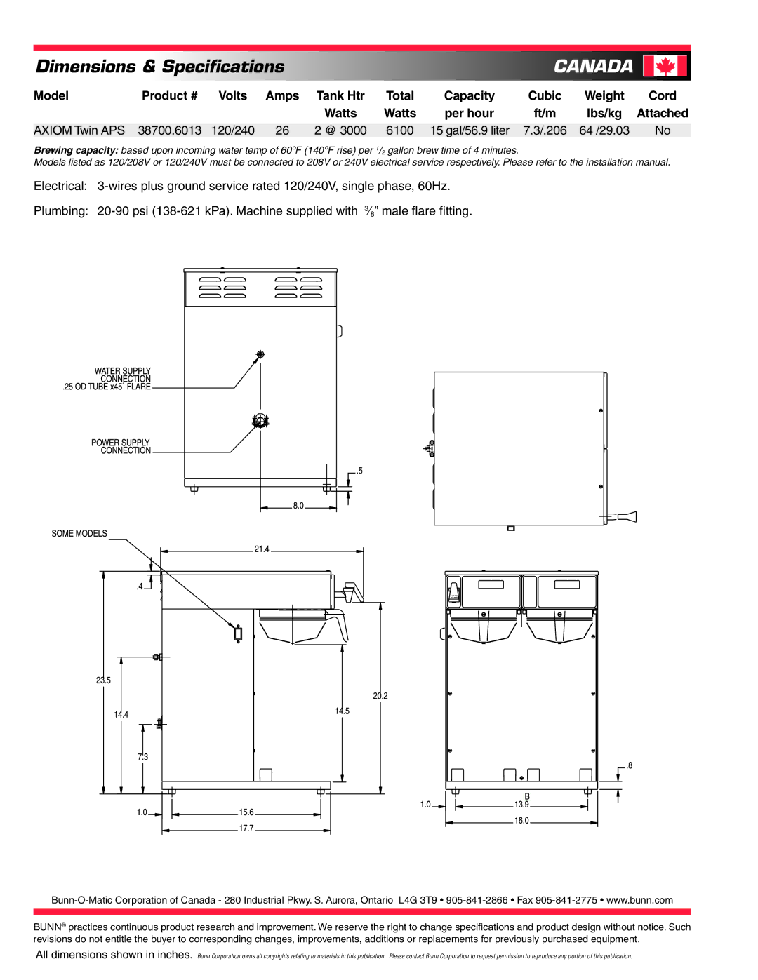 Bunn AXIOM Twin APS specifications Canada 