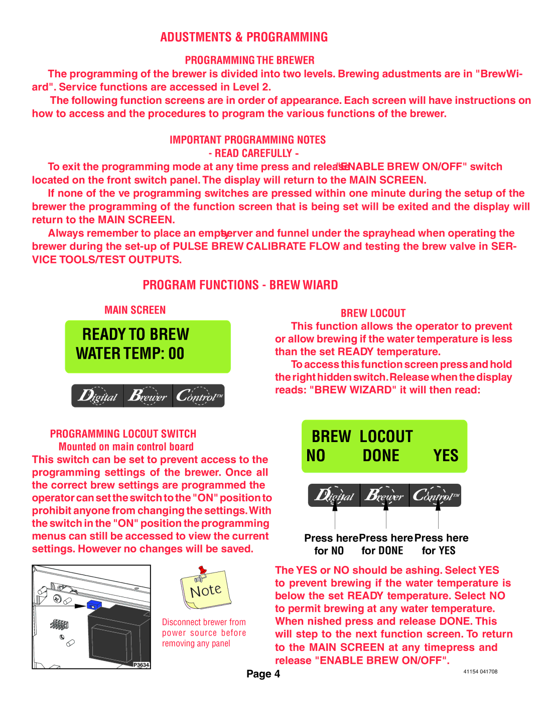 Bunn Axiom manual Adjustments & Programming, Program Functions Brew Wizard 