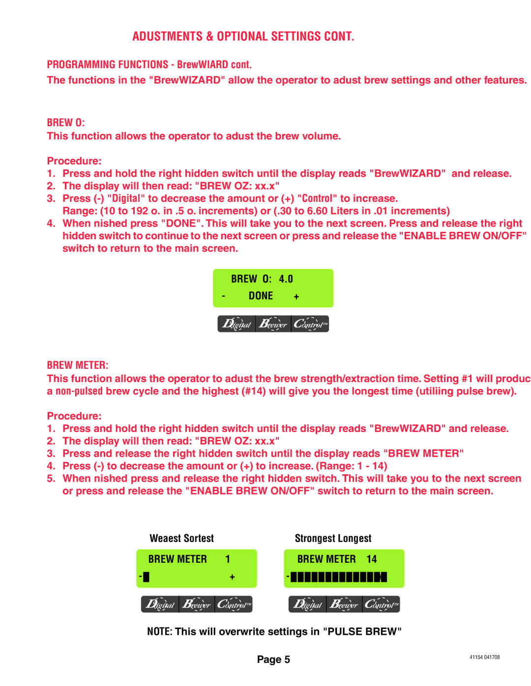 Bunn Axiom manual Adjustments & Optional Settings, Brew OZ, Brew Meter 