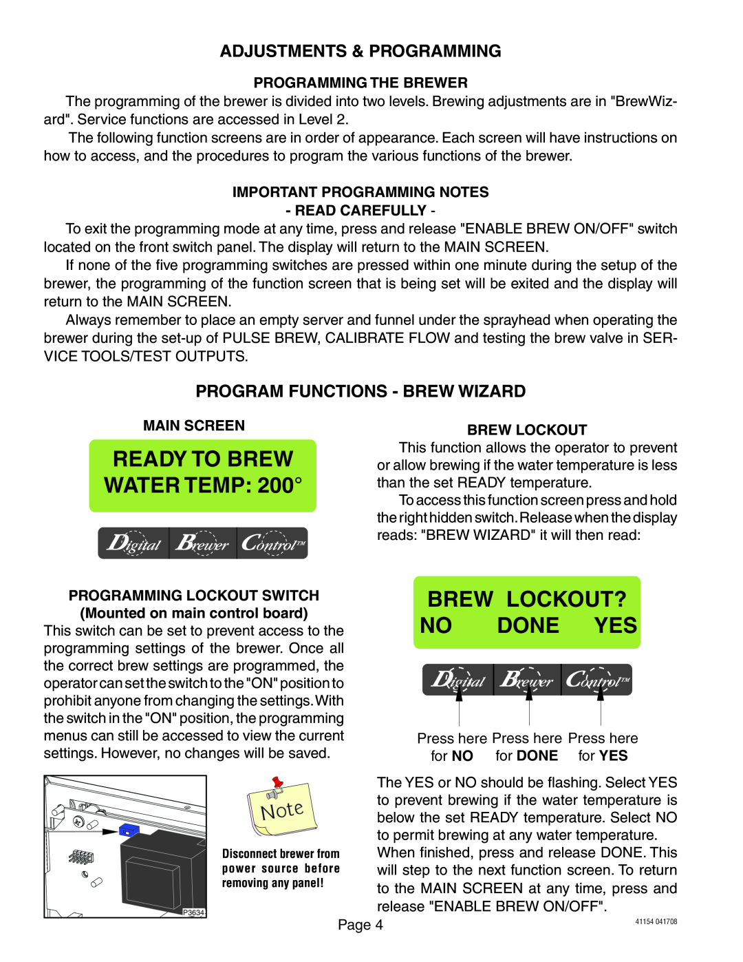 Bunn Axiom Brew Lockout? No Done Yes, Adjustments & Programming, Program Functions - Brew Wizard, Programming The Brewer 