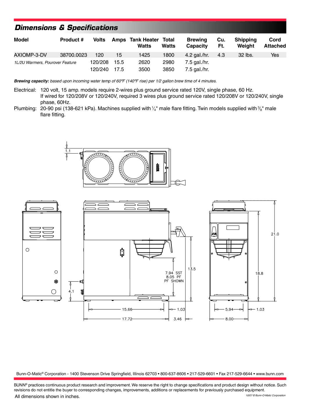 Bunn AXIOMP-3-DV specifications Model Product # Volts Amps, Shipping Cord Watts Capacity, Attached 