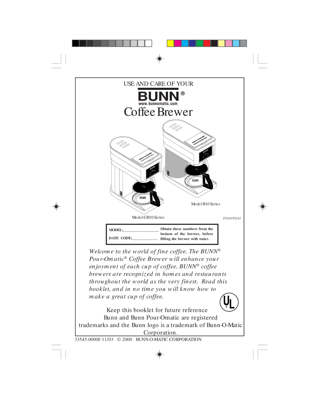 Bunn B10Series manual Bunn 