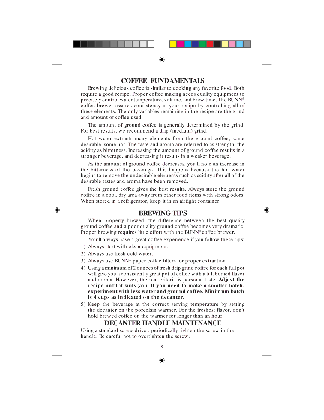 Bunn B10Series manual Coffee Fundamentals, Brewing Tips, Decanter Handle Maintenance 