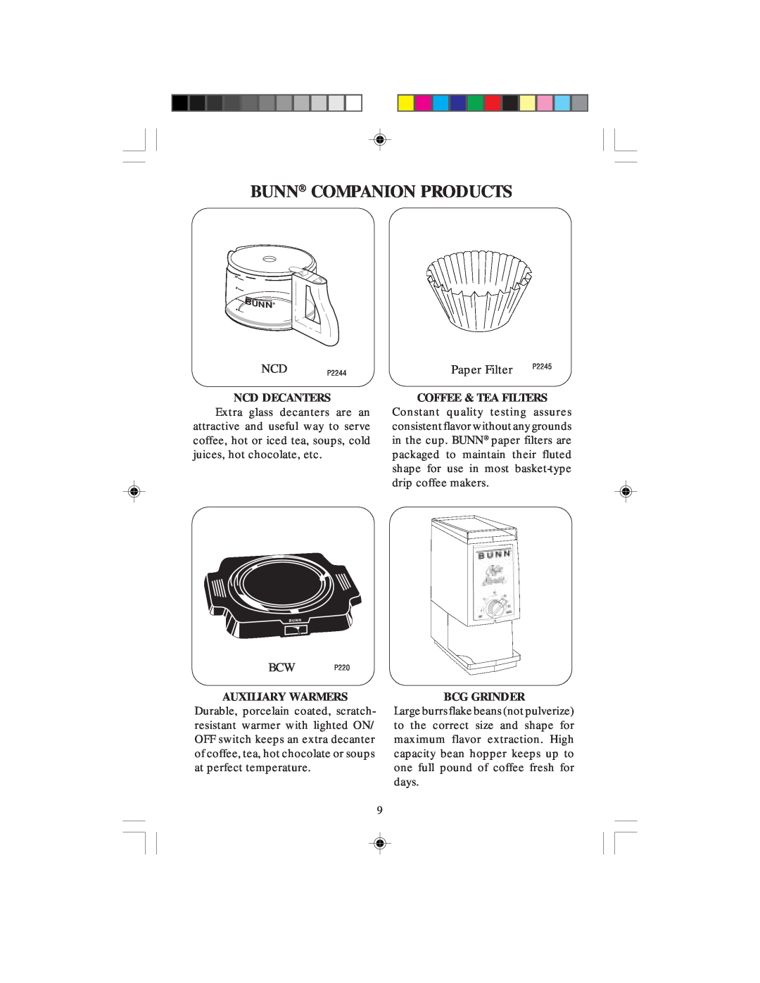 Bunn B10Series manual Bunn Companion Products, Ncd Decanters, Auxiliary Warmers, Coffee & Tea Filters, Bcg Grinder 