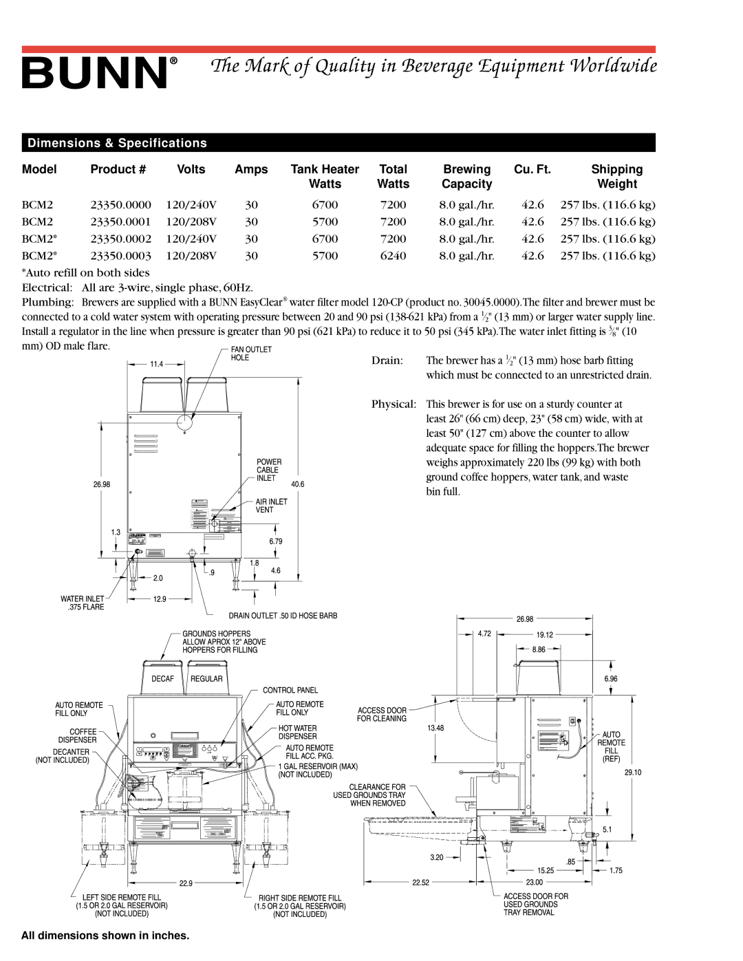 Bunn BCM2 dimensions Mark of Quality in Beverage Equipment Worldwide, Dimensions & Specifications 