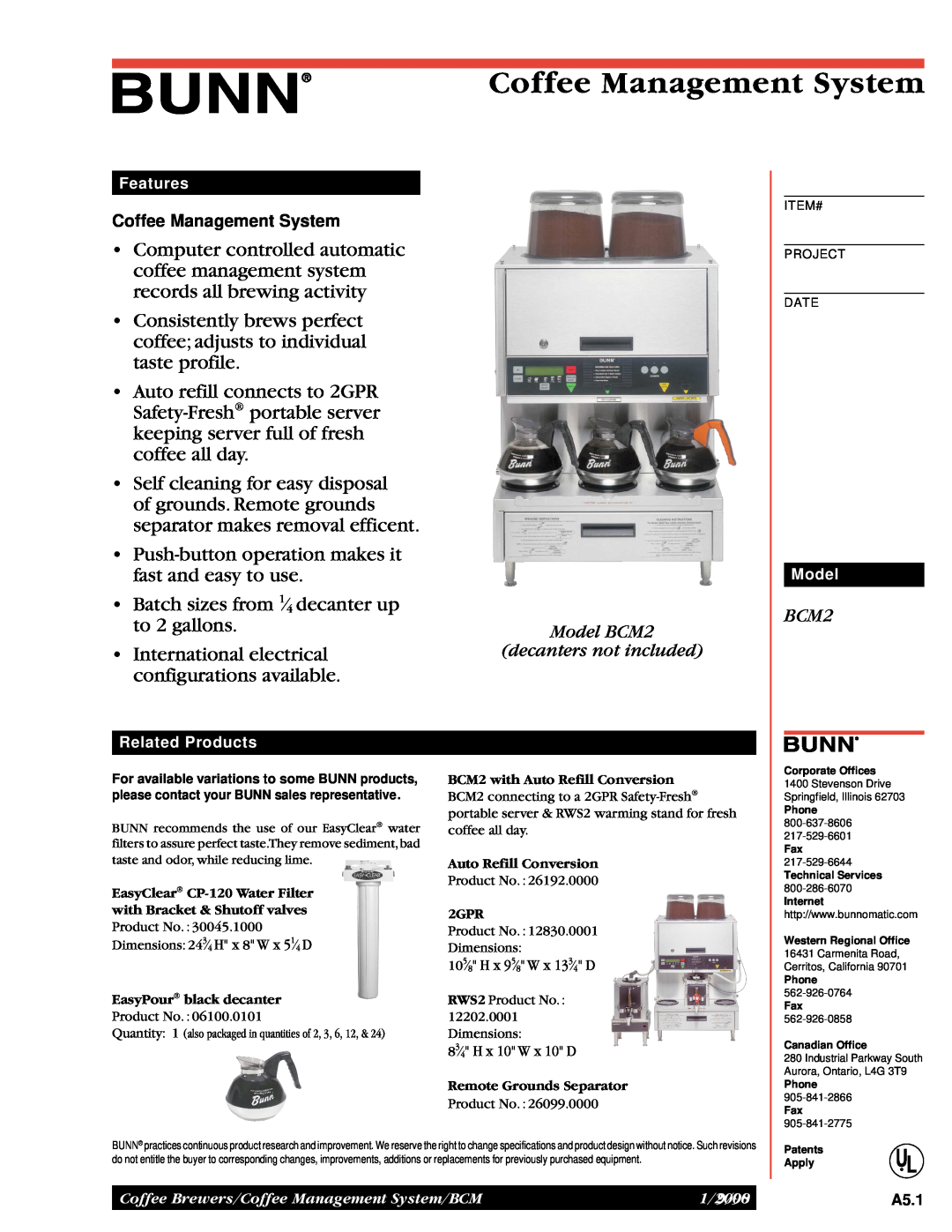 Bunn BCM2 dimensions Coffee Management System 