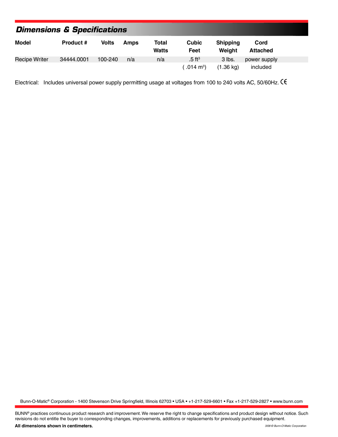 Bunn BrewWISE dimensions Dimensions & Specifications, Model Product # Volts Amps, Cubic Shipping Cord Watts, Attached 