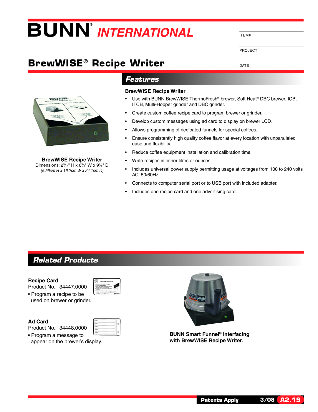 Bunn dimensions Recipe Card, Ad Card, BUNN Smart Funnel interfacing with BrewWISE Recipe Writer, Features 