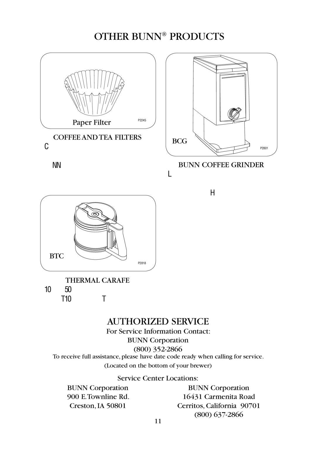 Bunn BTC, BT10 Other Bunn Products, Authorized Service, Paper Filter, For Service Information Contact Bunn Corporation 800 