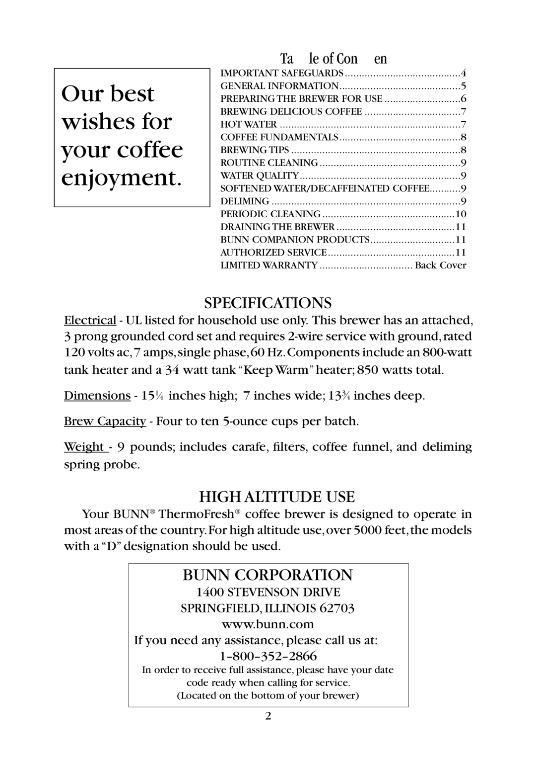 Bunn BT10, BTC manual Specifications, High Altitude USE, Bunn Corporation 