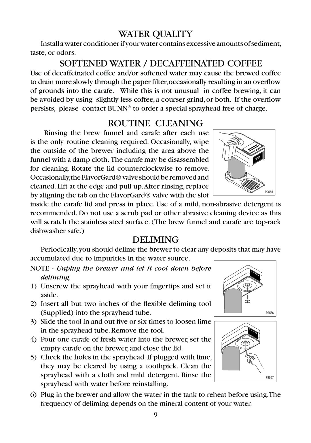 Bunn BTC, BT10 manual Water Quality, Softened Water / Decaffeinated Coffee, Routine Cleaning, Deliming 