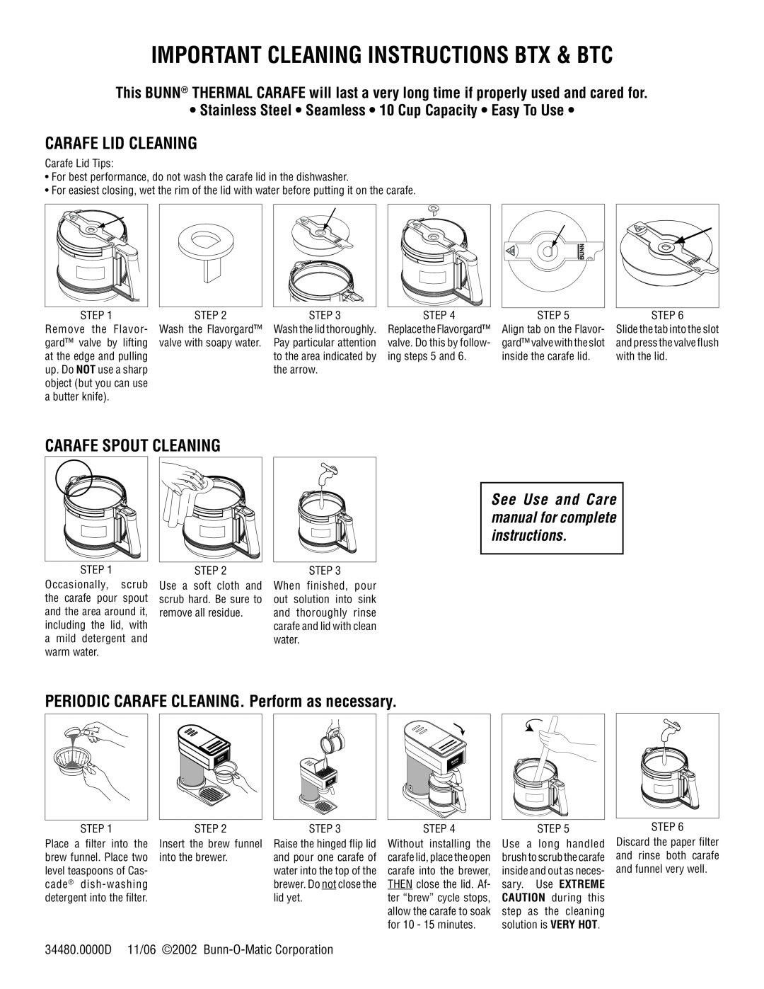 Bunn BTX manual Important Cleaning Instructions Btx & Btc, Carafe Lid Cleaning, Carafe Spout Cleaning 